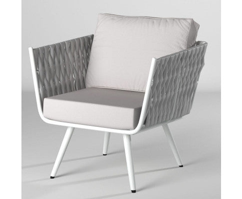 ELMBER OUTDOOR SINGLE SEATER SOFA WITH CUSHIONS - WHITE & LIGHT REY