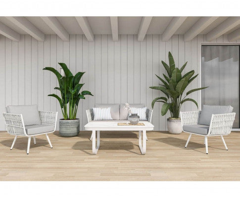 ELMBER OUTDOOR 2 SEATER SOFA WITH CUSHIONS - WHITE & LIGHT REY