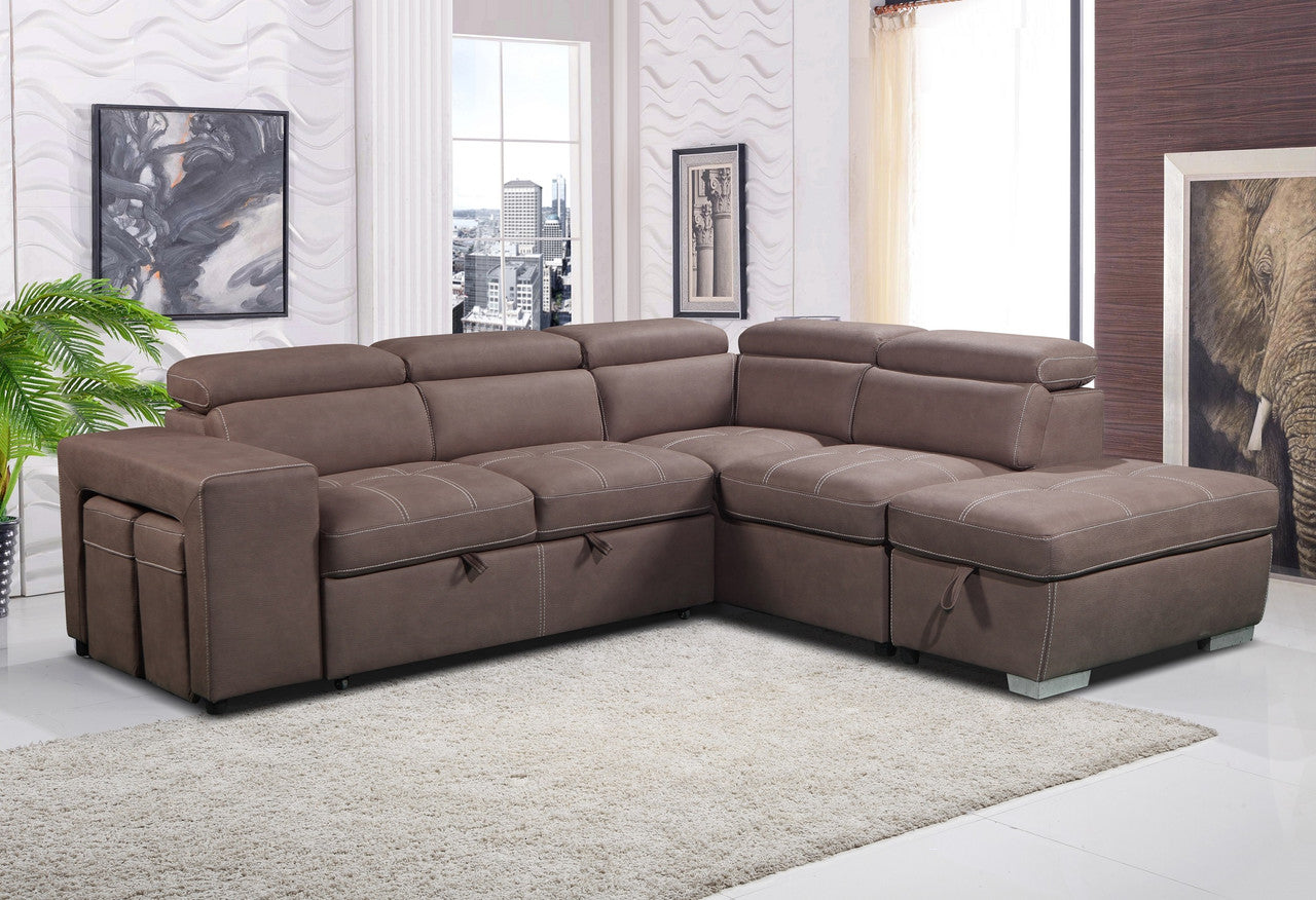 Positano 2 Seater Sofa Bed With RHF Chaise & 2 Storage Aottomans - Mushroom (AS PICTURED)