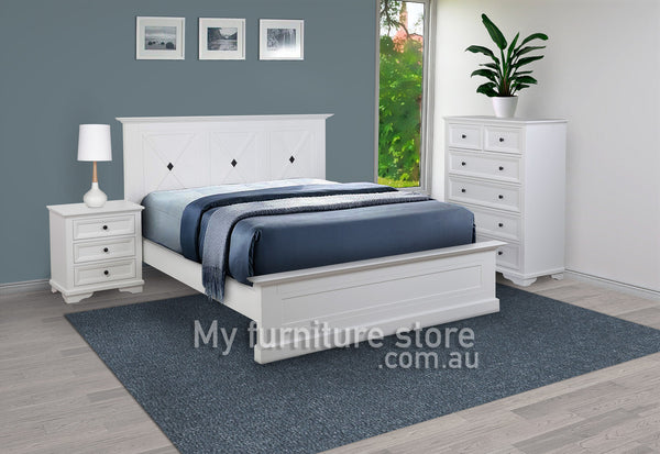 MARLOW QUEEN 4 PIECE (TALLBOY) BEDROOM SUITE WITH CHANELLE CASE GOODS - WHITE