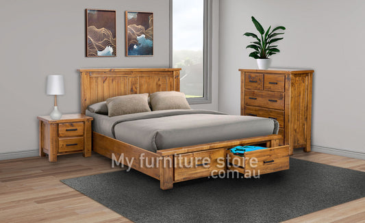 HOUSTON QUEEN 5 PIECE (DRESSER) BEDROOM SUITE WITH 2 UNDER BED DRAWERS - RUSTIC OAK