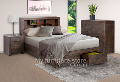KING SINGLE MUNICH TIMBER BED WITH UNDER BED STORAGE - GREY STONE