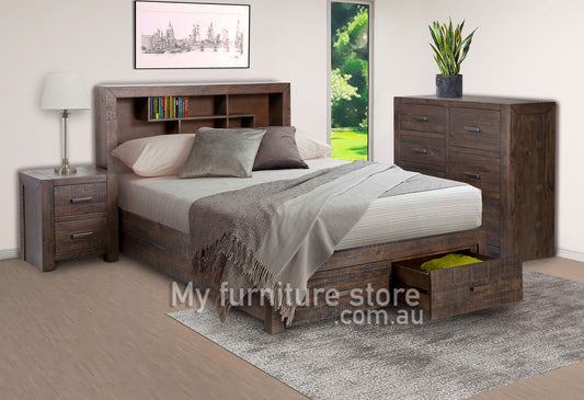 MUNICH QUEEN 5 PIECE (DRESSER) BEDROOM SUITE WITH UNDER BED STORAGE - GREY STONE