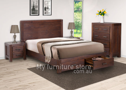 COLOMBO KING 4 PIECE (TALLBOY) BEDROOM SUITE WITH UNDER BED STORAGE - WALNUT
