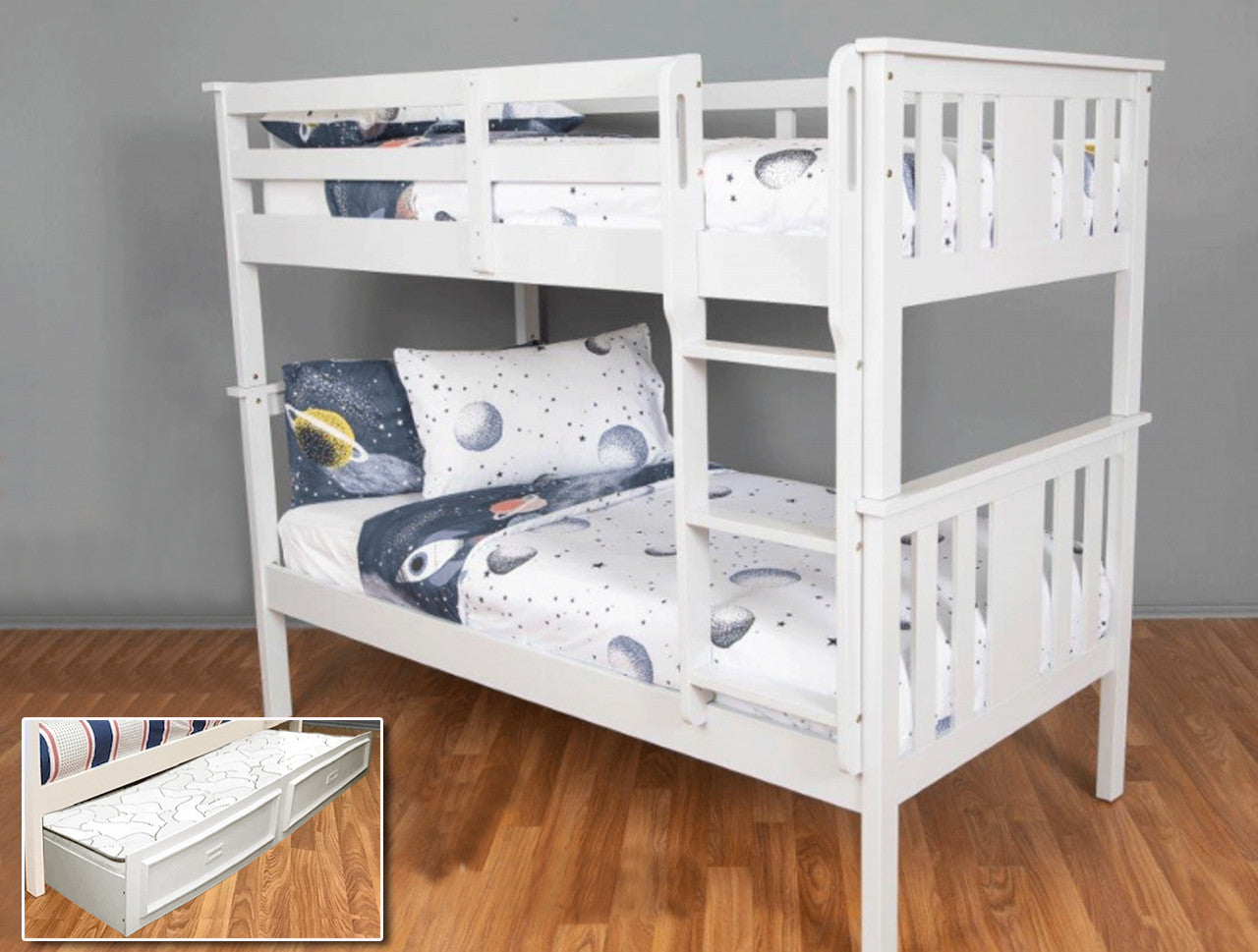 King Single Over King Single Veloz Bunk Bed With Trundle - Bright Satin White (SNOW)
