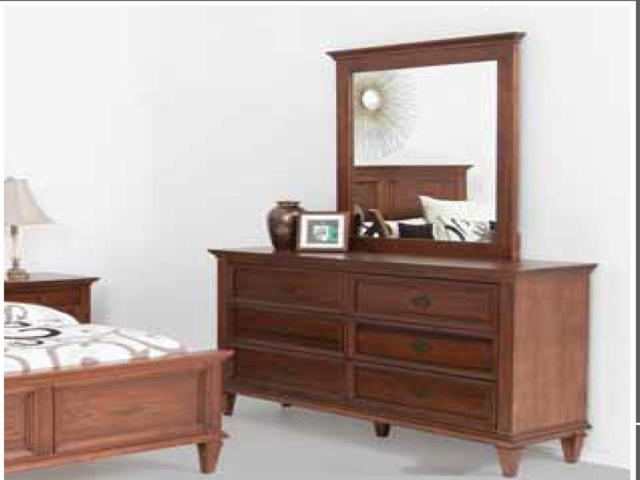 QUEEN FORT PAYNE 5 PIECE (DRESSER) BEDROOM SUITE - NATURAL & WARWICK ORANGE/YELLOW