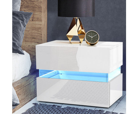 HAMILTON 2 DRAWER BEDSIDE TABLE WITH RGB LED – HIGH GLOSS WHITE