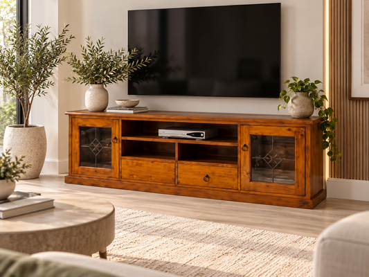 Versace (AUSSIE MADE) 2 Door / 2 Drawer Entertainment Unit (PLAIN GLASS) Collection - Assorted Stained Colours
