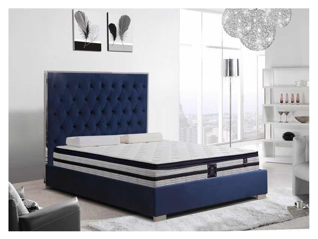 KING HERINGTON VELVET FABRIC WITH CHROME BED HEAD FRAME - BLUE / SILVER