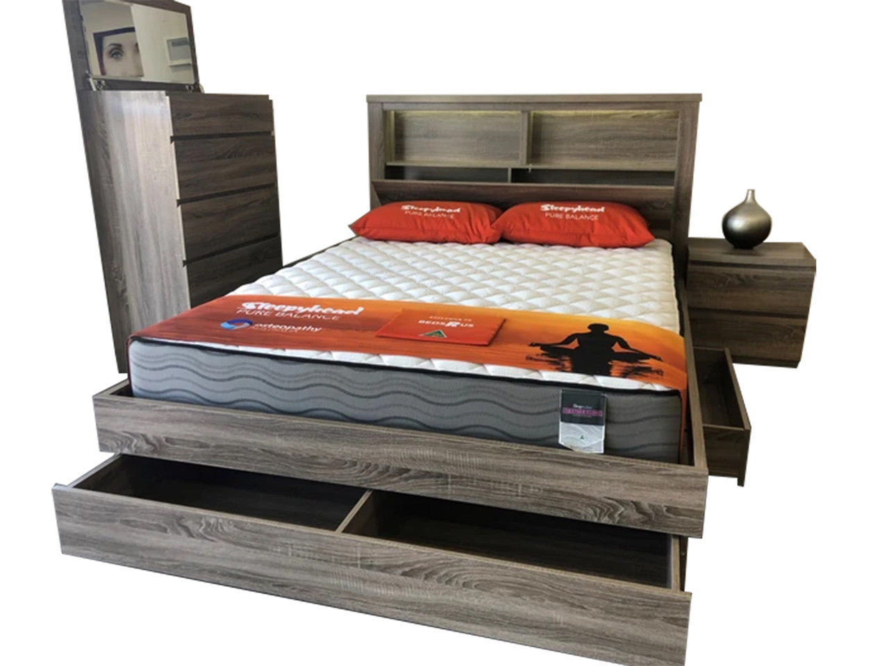 QUEEN ROGAN BED WITH 3 DRAWERS (2 x SIDE / 1 x FRONT) OR SIDE (REVERSIBLE BOARD BASE) GAS LIFT & END DRAWER OR FRONT (METAL / TIMBER) GAS LIFT (NO END DRAWER) STORAGE OPTION - (MODEL:LS:718Q) - MOCHA OAK