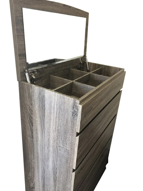 ROGAN 5 DRAWER TALLBOY CHEST WITH FLIP TOP MIRROR - 1225(H) x 800(W) - (LS-718TB) - MOCHA OAK