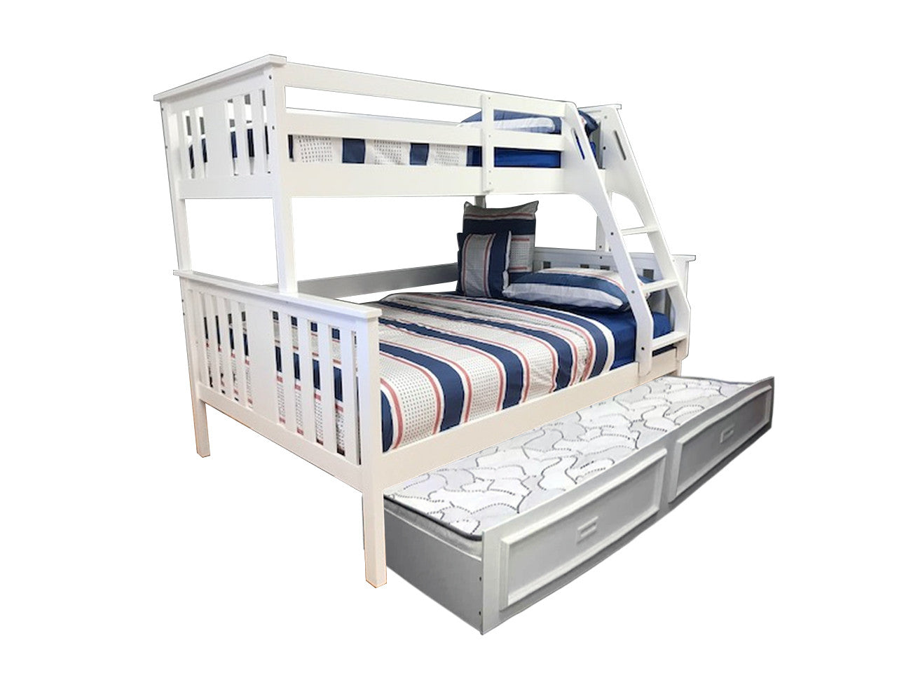 VELOZ SINGLE OVER DOUBLE (TRIO) BUNK BED WITH MATCHING DELUXE TEENAGE TRUNDLE BED - BRIGHT SATIN WHITE (SNOW)