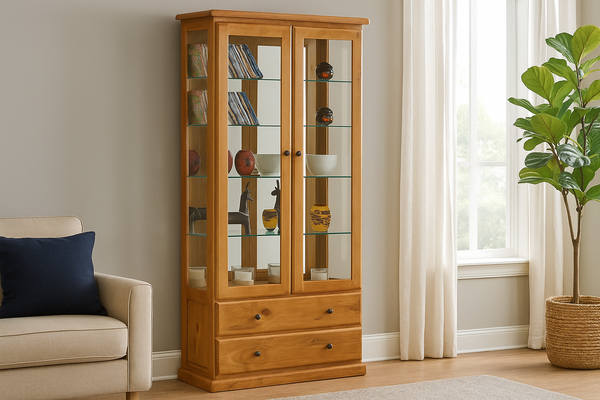 BATHURST (AUSSIE MADE) 2 DOOR / 2 DRAWER DISPLAY CABINET COLLECTION - ASSORTED STAINED COLOURS - STARTING FROM $1699