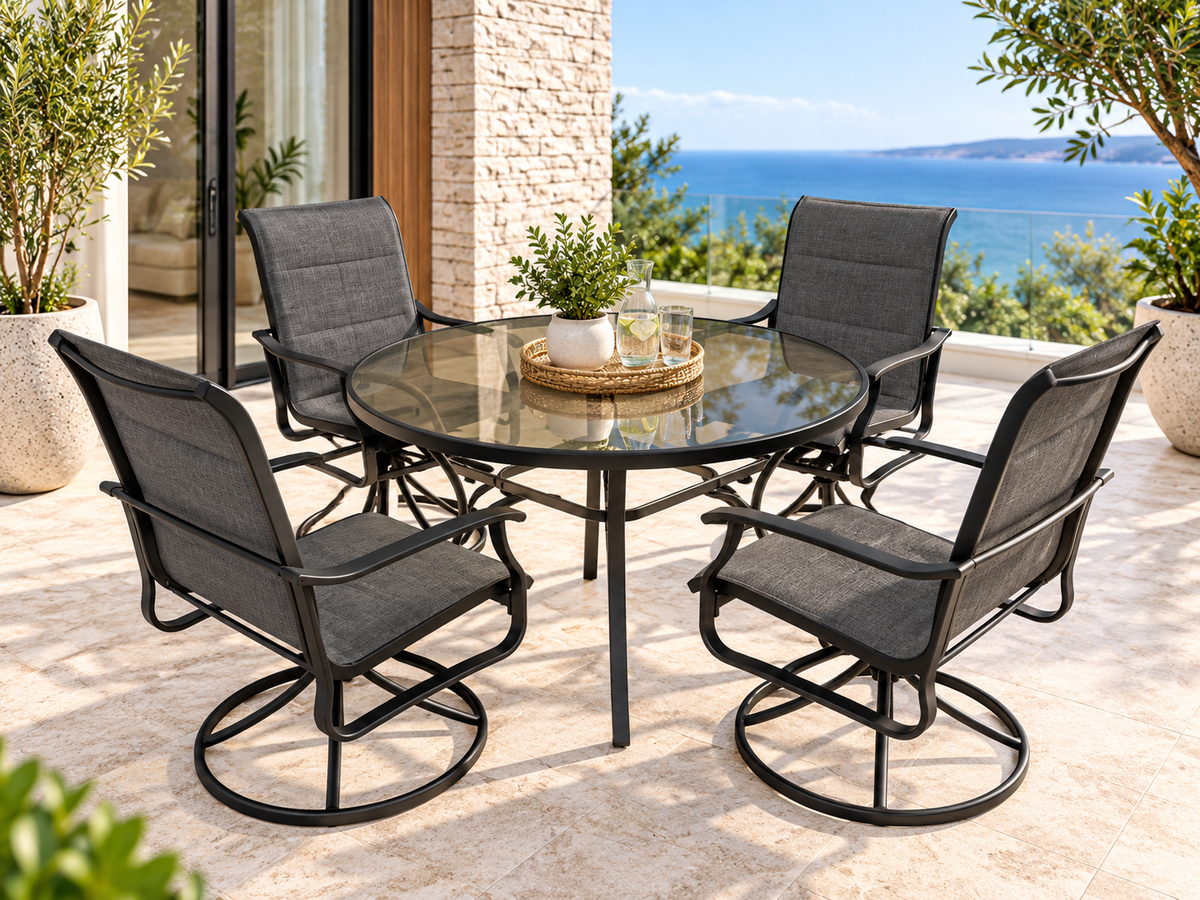 Wyndover 5-Piece Outdoor Swivel Dining Setting – Round Glass Table