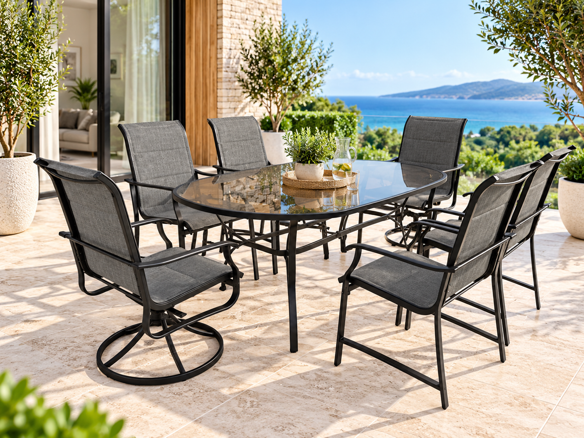 Wyndover 7-Piece Outdoor Dining Setting – Swivel & Fixed Chairs with Oval Glass Table