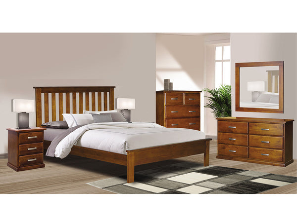 XAVIAN (AUSSIE MADE) KING 5 PIECE (DRESSER) BEDROOM SUITE - ASSORTED STAINED COLOURS
