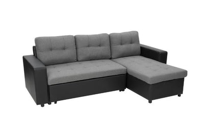 YORK  FABRIC & LEATHERETTE SOFA LOUNGE WITH CHAISE(RF) - SEPARABLE OTTOMAN - BLACK + GREY