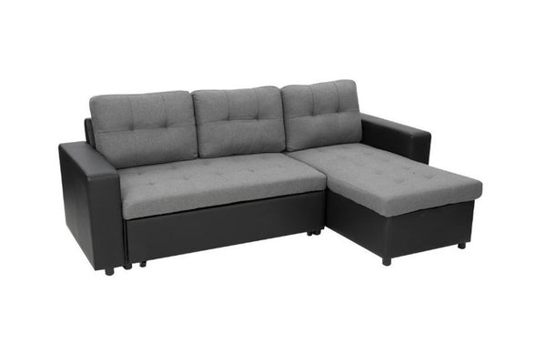 YORK  FABRIC & LEATHERETTE SOFA LOUNGE WITH CHAISE(RF) - SEPARABLE OTTOMAN - BLACK + GREY