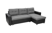 YORK  FABRIC & LEATHERETTE SOFA LOUNGE WITH CHAISE(RF) - SEPARABLE OTTOMAN - BLACK + GREY