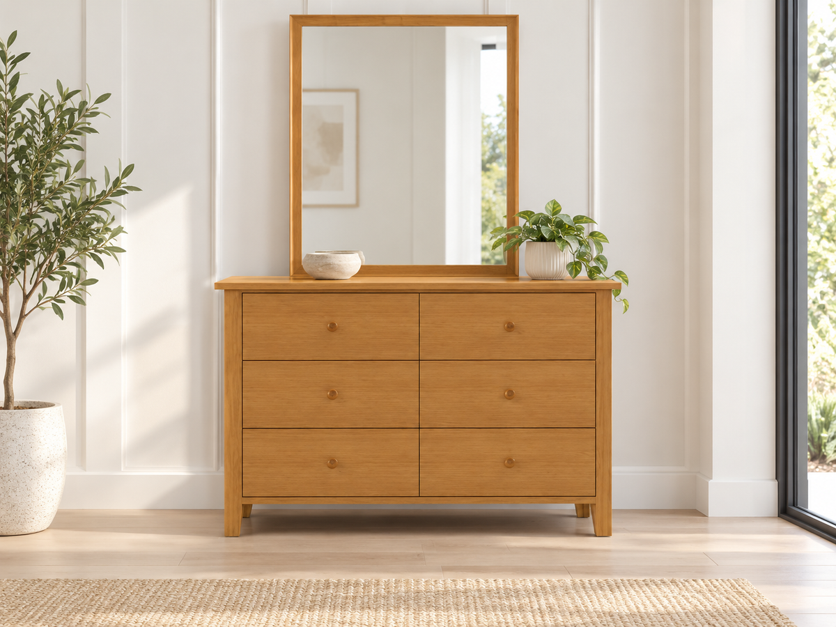 Cronulla (AUSSIE MADE) 6 Drawer Dressing Table With Mirror - Tassie Oak Combination - Assorted Colours
