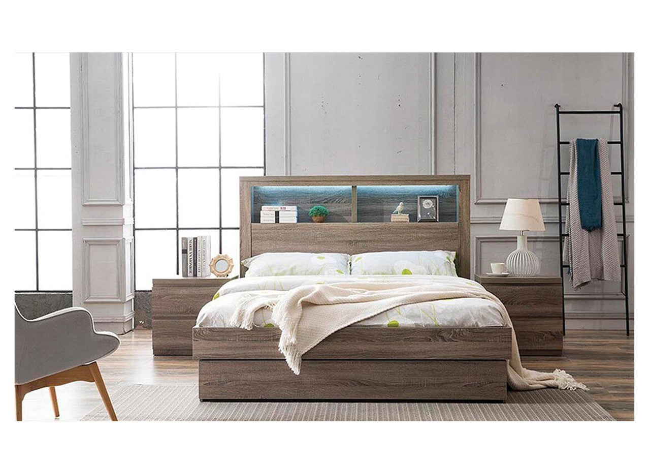 QUEEN ROGAN BED WITH 3 DRAWERS (2 x SIDE / 1 x FRONT) OR SIDE (REVERSIBLE BOARD BASE) GAS LIFT & END DRAWER OR FRONT (METAL / TIMBER) GAS LIFT (NO END DRAWER) STORAGE OPTION - (MODEL:LS:718Q) - MOCHA OAK