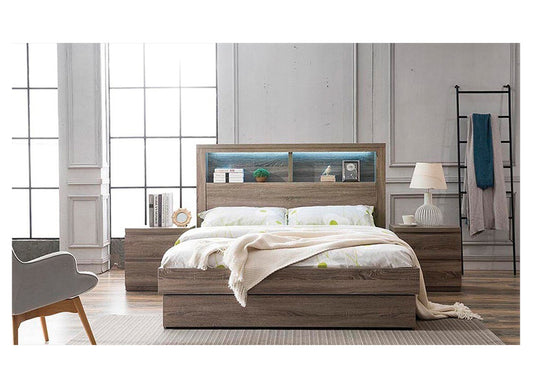 QUEEN ROGAN BED WITH 3 DRAWERS (2 x SIDE / 1 x FRONT) OR SIDE (REVERSIBLE BOARD BASE) GAS LIFT & END DRAWER OR FRONT (METAL / TIMBER) GAS LIFT (NO END DRAWER) STORAGE OPTION - (MODEL:LS:718Q) - MOCHA OAK