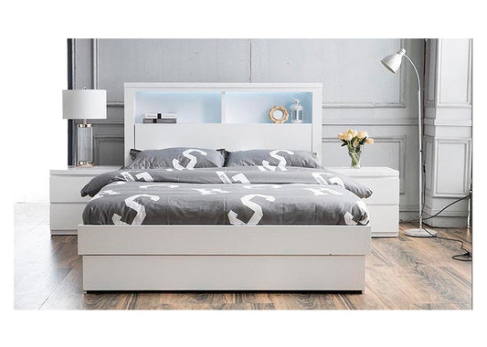 QUEEN ROGAN BED WITH 3 DRAWERS (SIDE/SIDE/FRONT) OR SIDE GAS LIFT (REVERSIBLE) OPTION - (LS718) - HIGH GLOSS WHITE