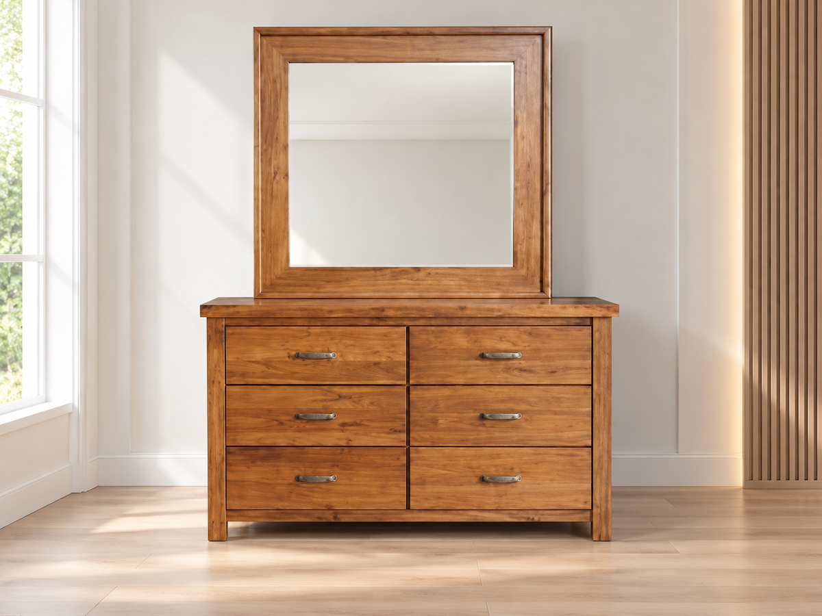 Montana 6 Drawer Dresser & Mirror -1900(H) X 1350(W) - Mountain Gum (3242)