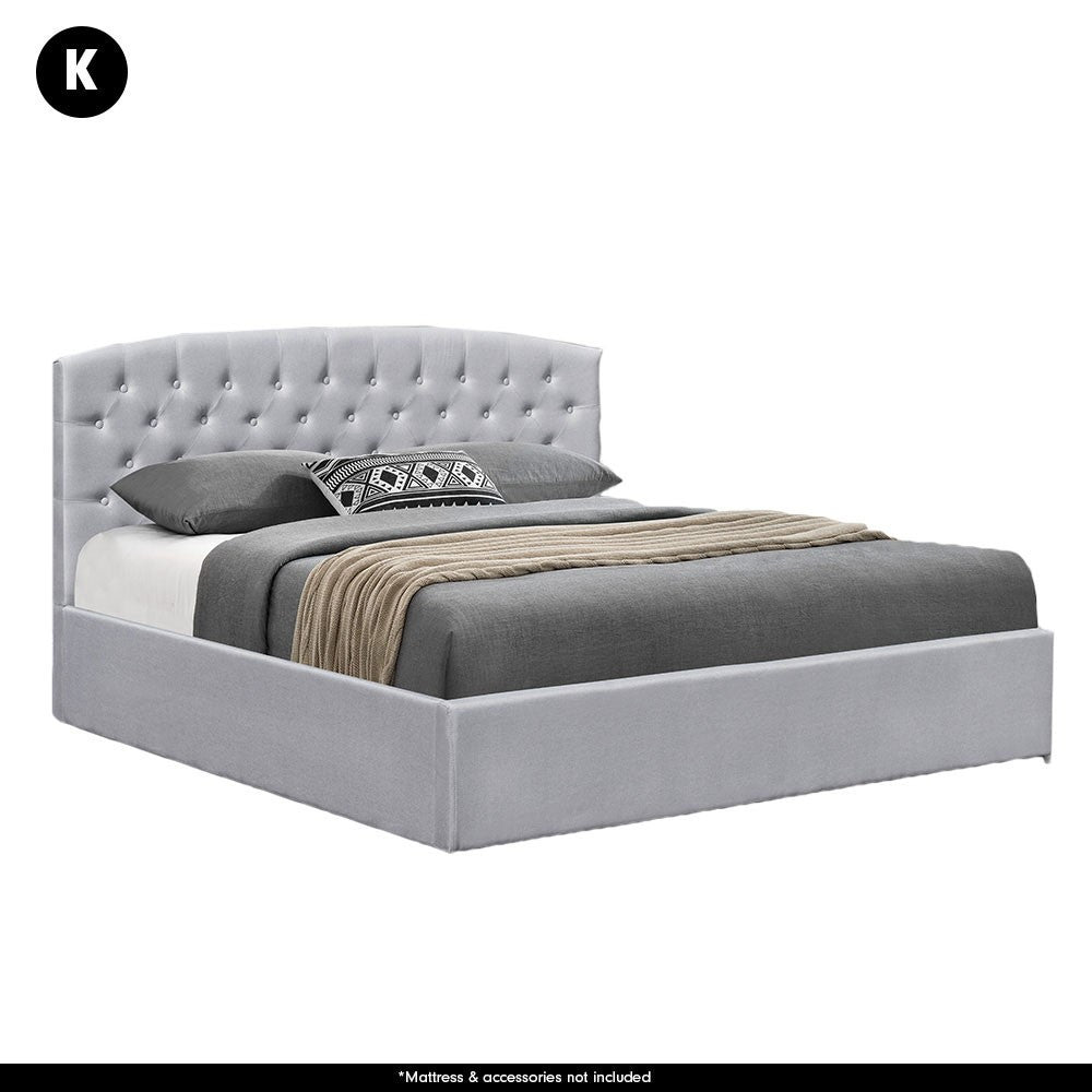 KING HERACLES FABRIC GAS LIFT STORAGE BED WITH HEADBOARD - LIGHT GREY