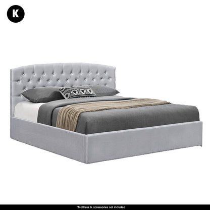 KING HERACLES FABRIC GAS LIFT STORAGE BED WITH HEADBOARD - LIGHT GREY