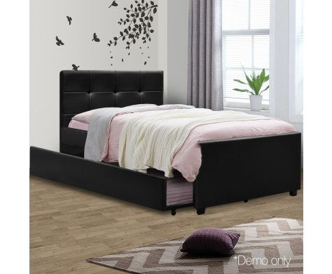 KING SINGLE  ARTISS  LEATHERETTE BED  WITH  TRUNDLE - BLACK