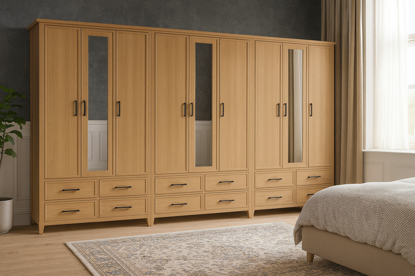 SYDNEYSIDE (AUSSIE MADE) 9 DOOR / 12 DRAWER MIRROR ROBE - (3 SECTION) PIGEON PAIRED - TASSIE OAK COMBINATION - ASSORTED COLOURS