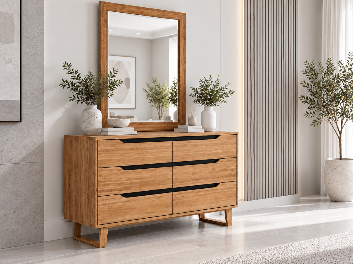 Atmore 6 Drawer Dresser With Mirror - 800(H) X 1400(W) - Natural