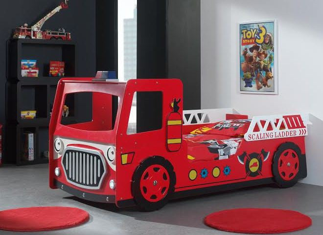 Single Fire Engine Car Kid Bed With LED Light - Red