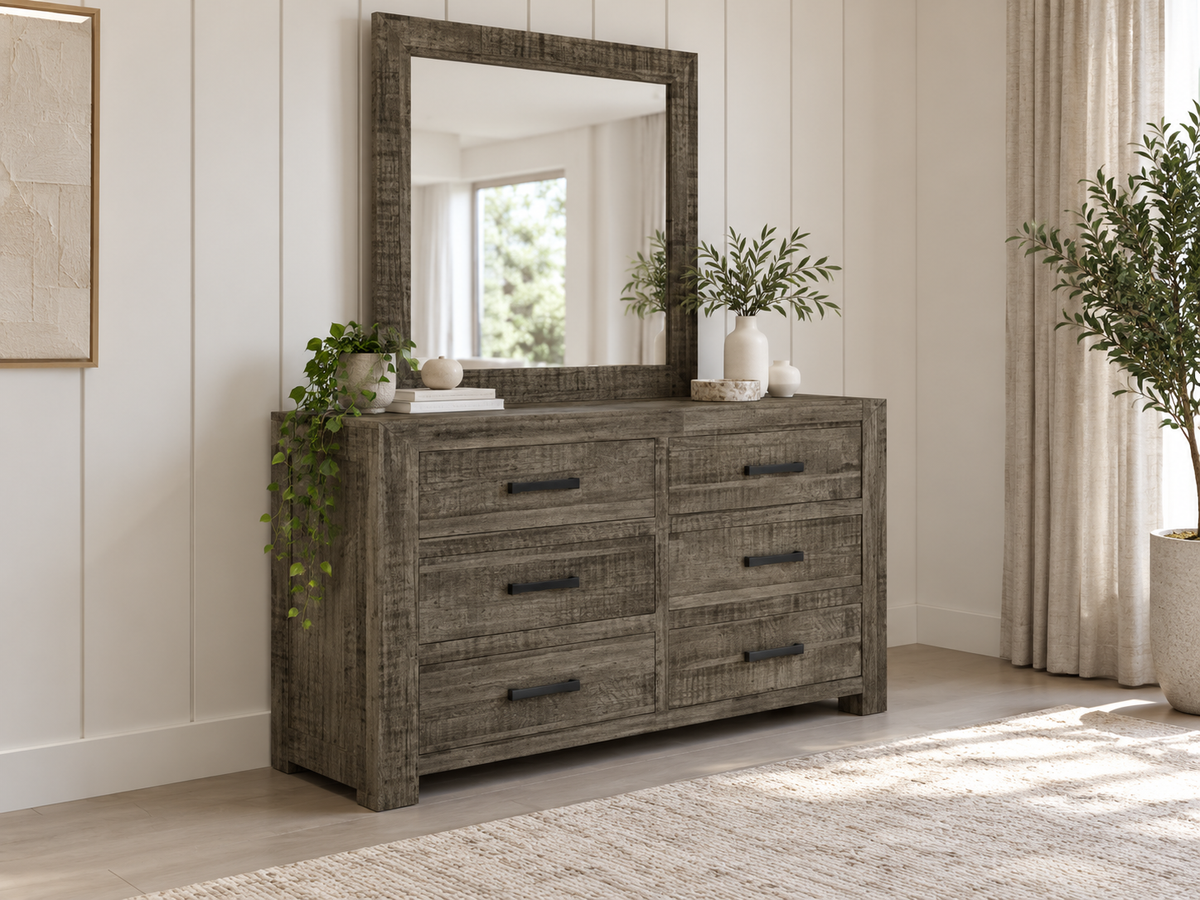 Munich 6 Drawer Dresser With Mirror - Grey Stone