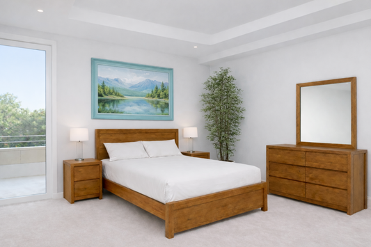 Hugo (AUSSIE MADE) Double Or Queen 5 Piece Dresser Bedrooom Suite - Tasmanian Oak Combination - Assorted Stained Colours