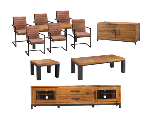 CIENNA 11 PIECE DINING & LIVING PACKAGE WITH - 1800(W) X 900(D) DINING TABLE - BLACK / OAK