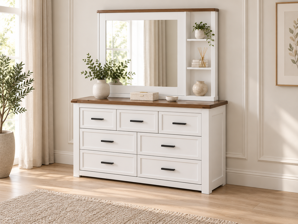 Epcot (AUSSIE MADE) 7 Drawer Dressing Table With Sliding Mirror - 900/1900(H) X 1500(W) X 450(D) - Assorted Painted Colours