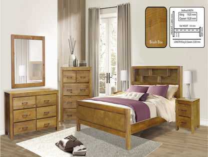 CLAYTON QUEEN 5 PIECE (DRESSER) BEDROOM SUITE WITH BOOKCASE BEDHEAD - BRUSH BOX