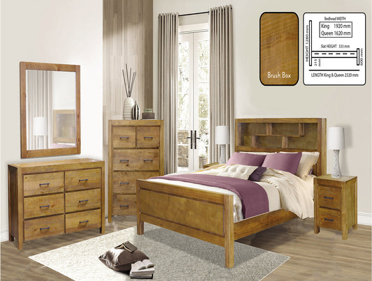 Clayton King 6 Piece (THE LOT) Bedroom Suite With Bookcase Bedhead - Brush Box
