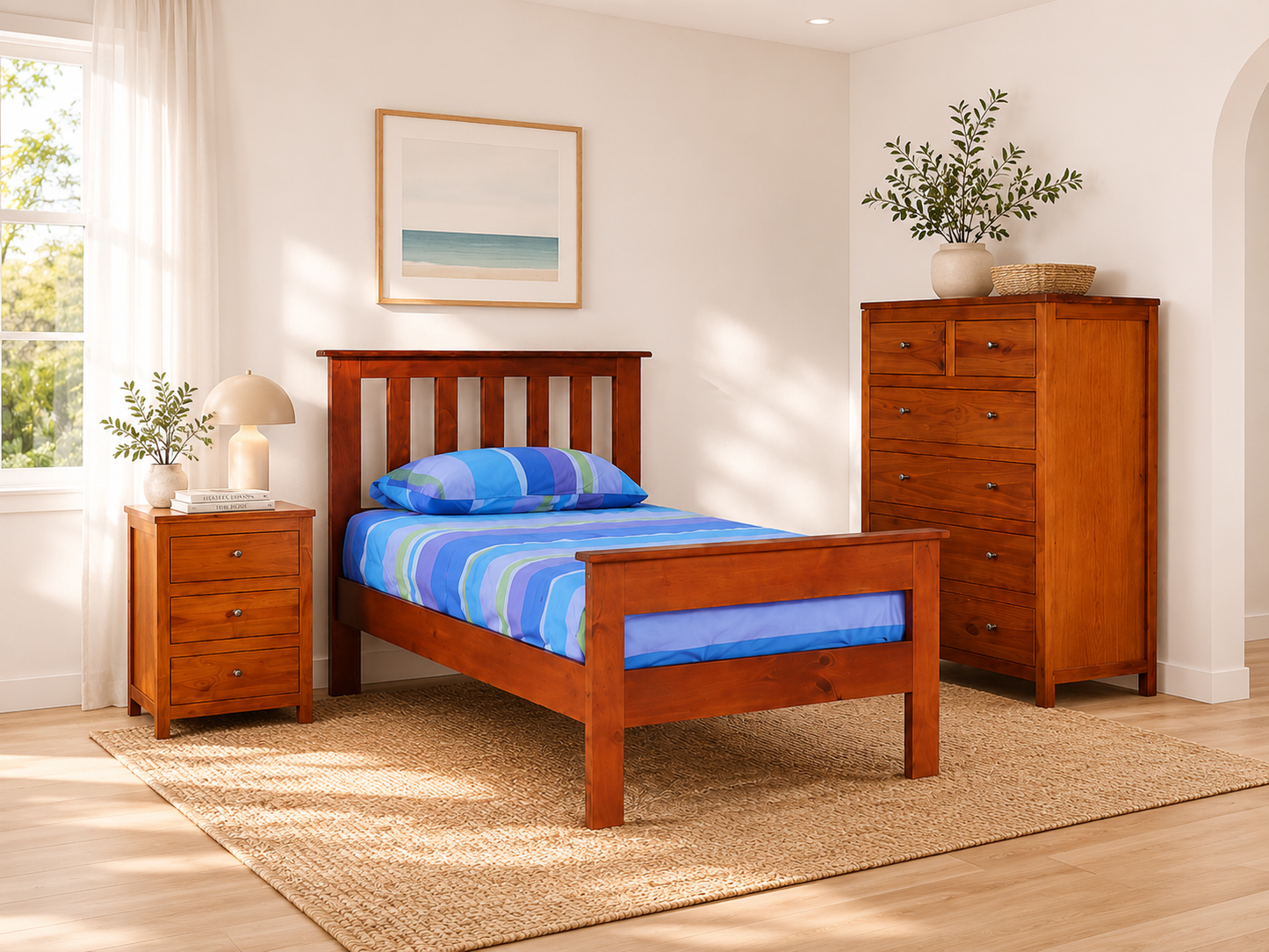 King Federation (AUSSIE MADE) With Railed Foot End 3 Piece (BEDSIDE) Bedroom Suite - Assorted Colours