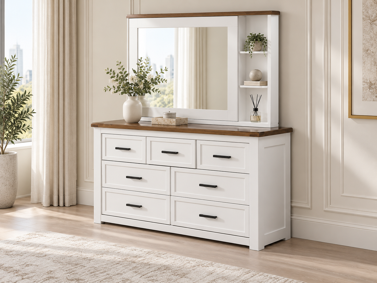 Epcot (AUSSIE MADE) 7 Drawer Dressing Table With Sliding Mirror - 900/1900(H) X 1500(W) X 450(D) - Assorted Painted Colours