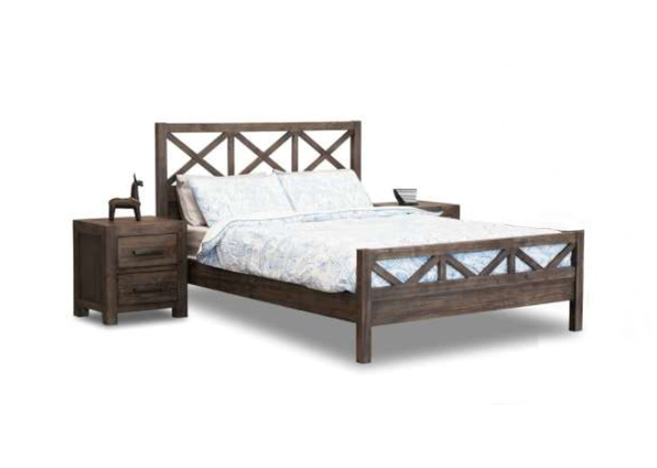 EDISON CROSS QUEEN 3 PIECE  BEDSIDE BEDROOM SUITE - BRUSHED BROWN