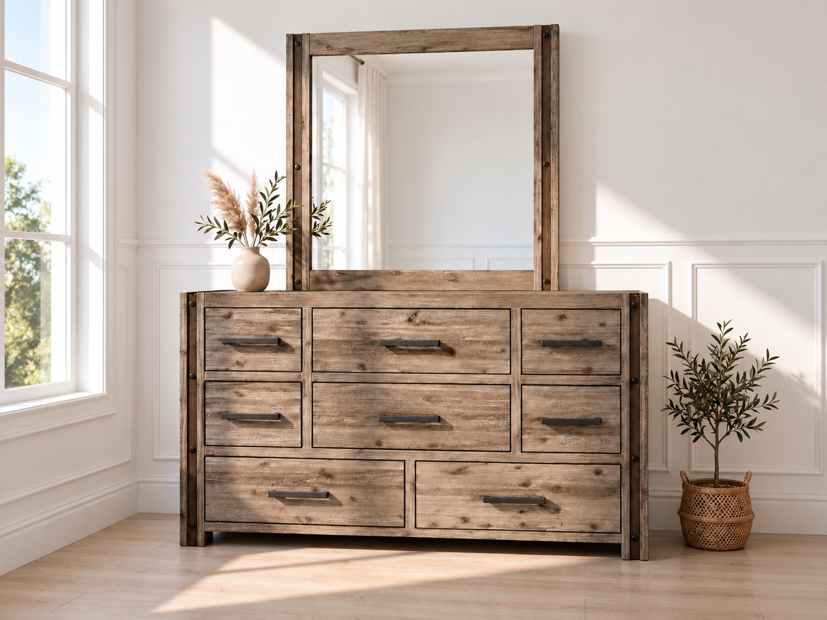 Swan (3592) 8 Drawers Hardwood Dressing Table With Mirror (19-20-15-3-11-25-1-18-4)- 815(H) X 1400(W) - Brushed Gum