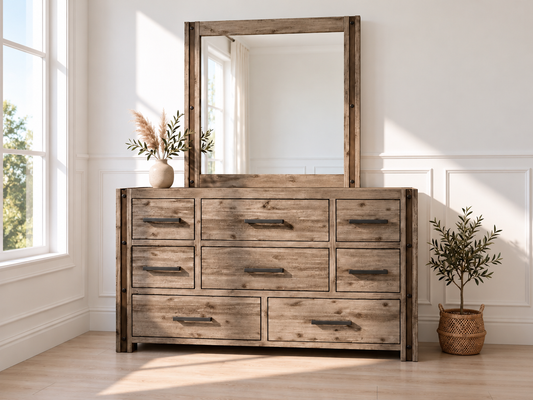 Swan (3592) 8 Drawers Hardwood Dressing Table With Mirror (19-20-15-3-11-25-1-18-4)- 815(H) X 1400(W) - Brushed Gum