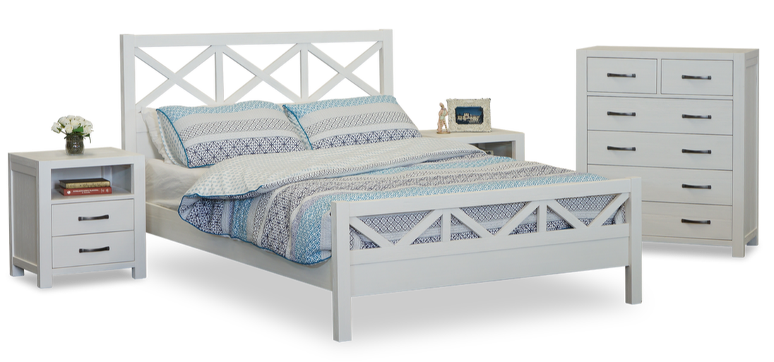 French Coast Queen 3 Piece Bedside Bedroom Suite - Brushed White