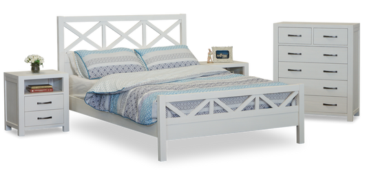 French Coast Queen 3 Piece Bedside Bedroom Suite - Brushed White