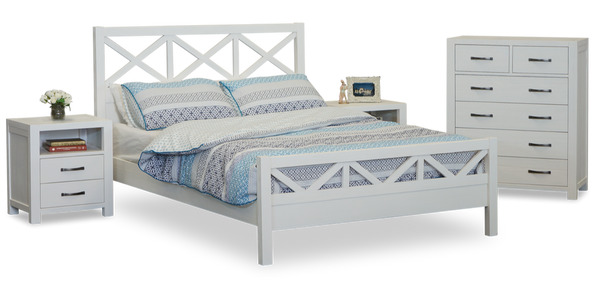 FRENCH COAST QUEEN 3  PIECE BEDSIDE  BEDROOM SUITE  - BRUSHED WHITE