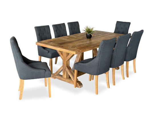 FOUNDRY 9 PIECE DINING SUITE - 2000(W) x 1000(D) - WITH RIGA CHAIRS - DARK GREY