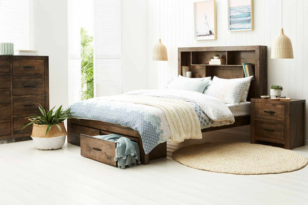 DOUBLE OR QUEEN GREELY (AUSSIE MADE) 6 PIECE (THE LOT) BEDROOM SUITE - ASSORTED STAINED COLOURS